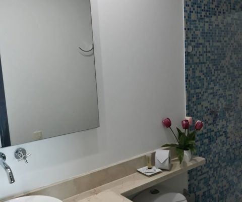 baño con lavamanos de sobreponer de porcelana, encimera en piedra, sanitario tradicional y ducha enchapada en color azul